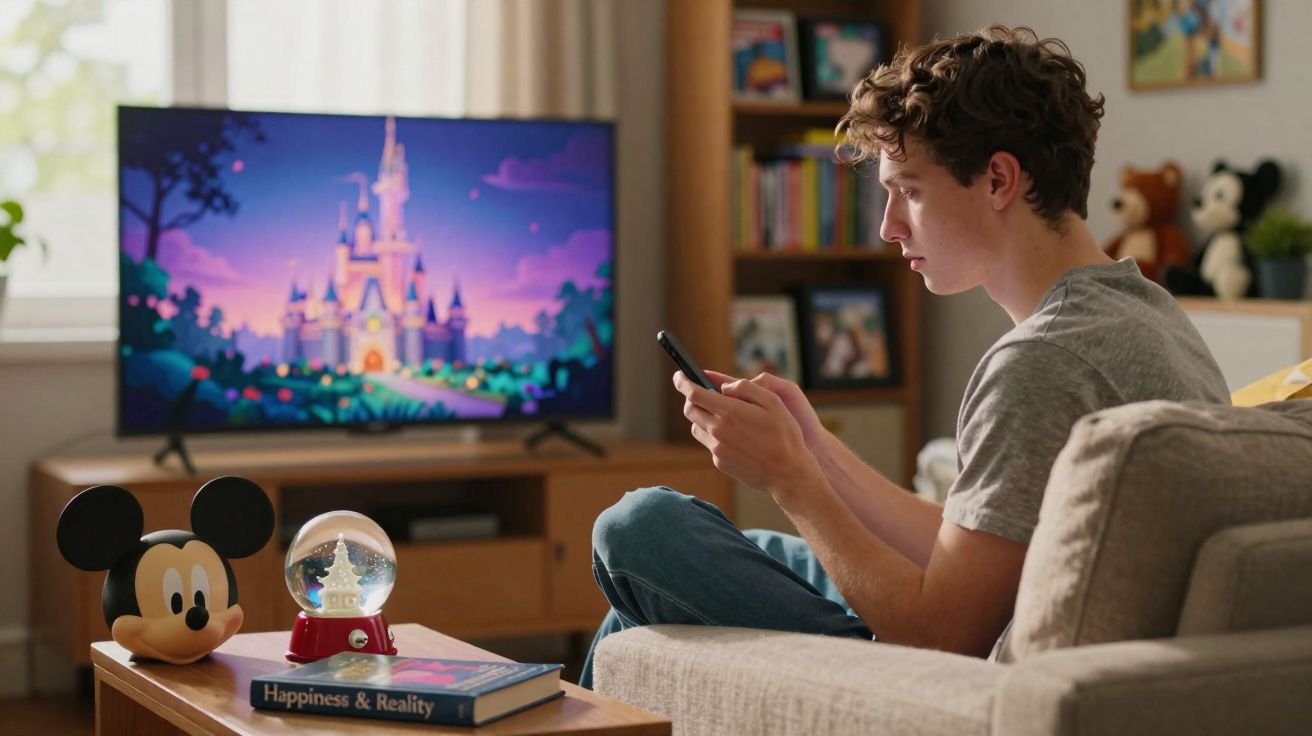 Rapaz sentado no sofá a usar telemóvel, com televisão e figura do Mickey Mouse numa mesa em sala acolhedora.