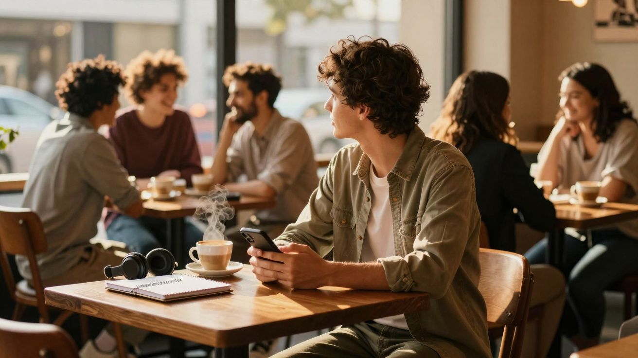 Jovem com telemóvel numa cafeteria, olhando para um grupo de amigos que conversa ao fundo.