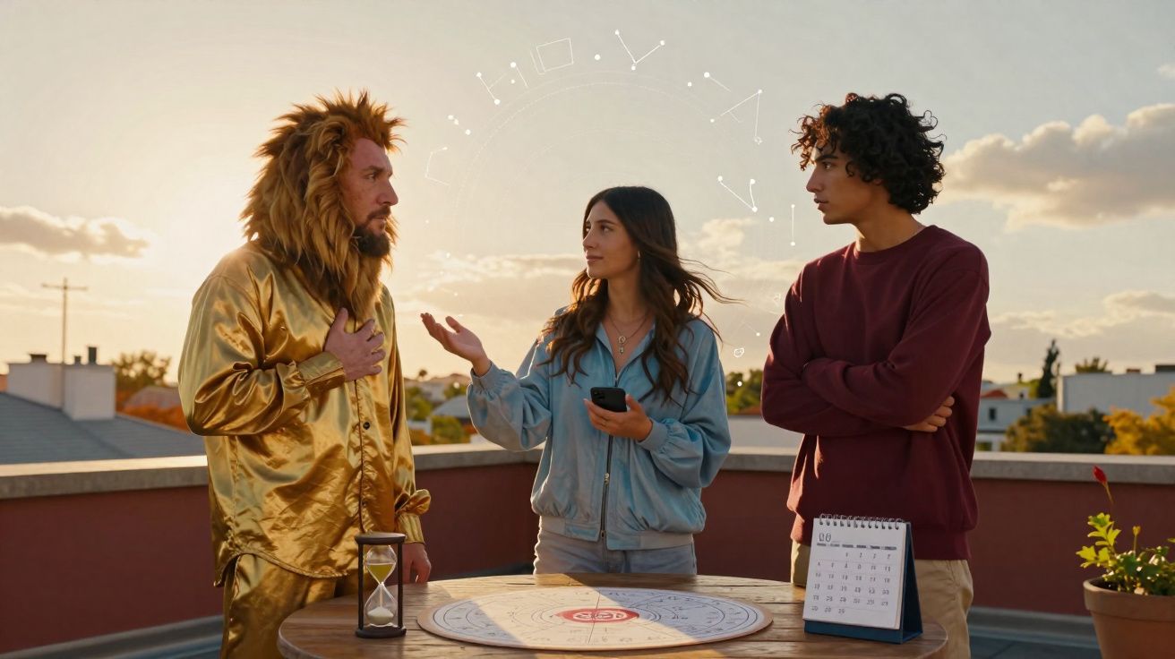 Três jovens em conversa ao ar livre com roupas casuais, um deles com fato de leão dourado, mesa com tabuleiro e ampulheta.