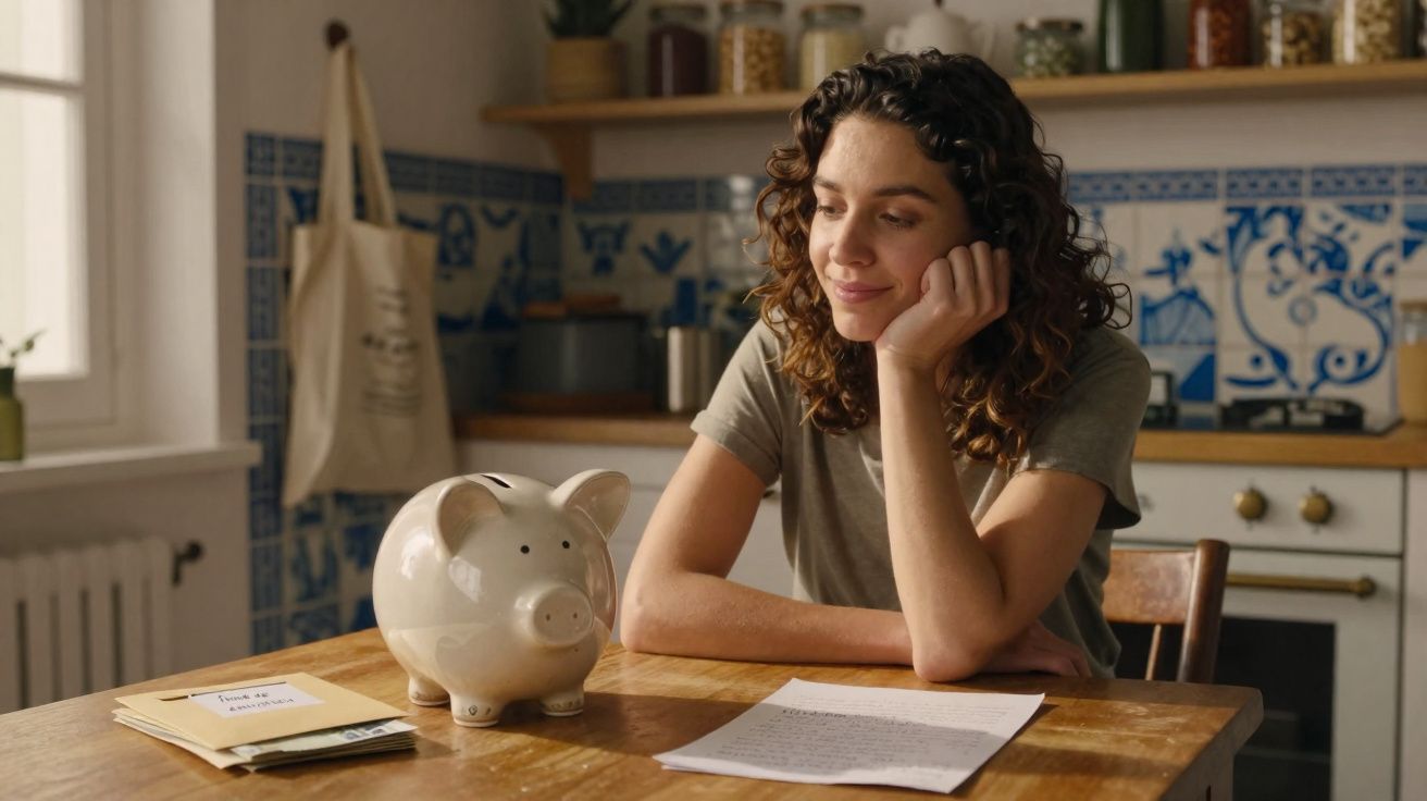 Mulher sorridente sentada à mesa com mealheiro em forma de porco e documentos numa cozinha com azulejos tradicionais.