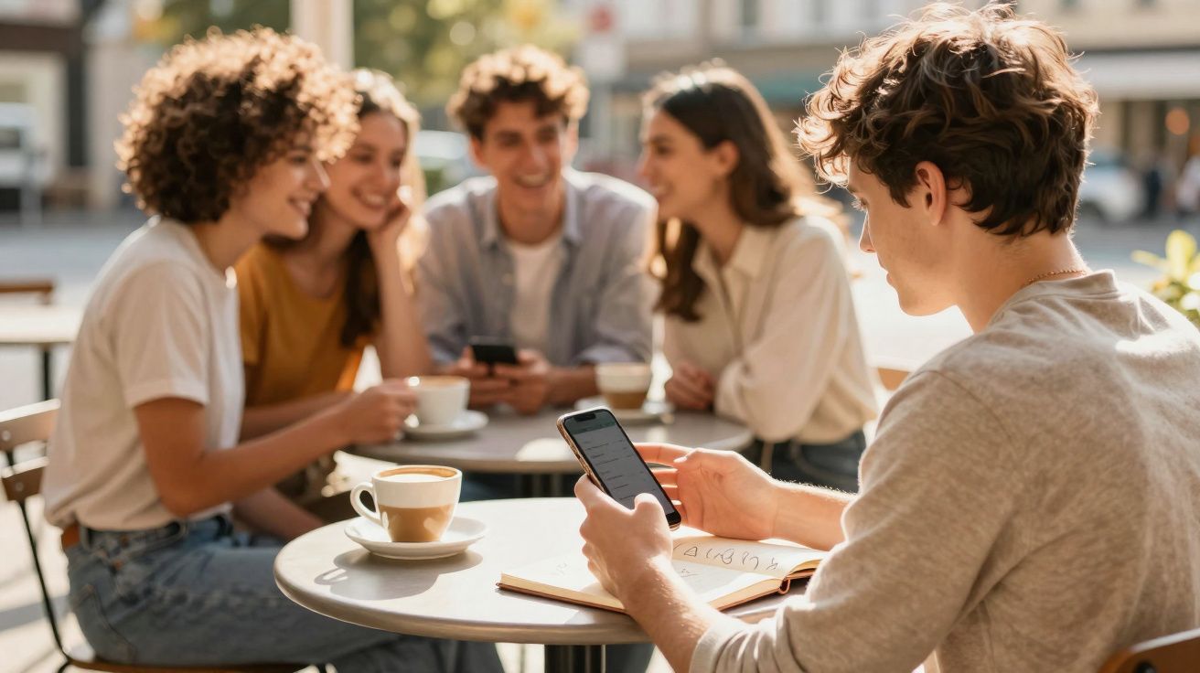 Grupo de jovens sentados numa esplanada, com um deles a usar telemóvel e chávena de café na mesa.