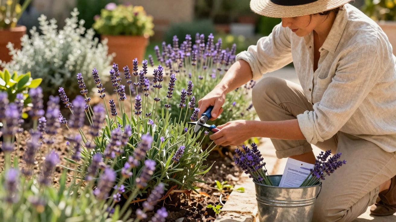 Mulher com chapéu apanha ramos de lavanda num jardim ensolarado, junto a um balde metálico.