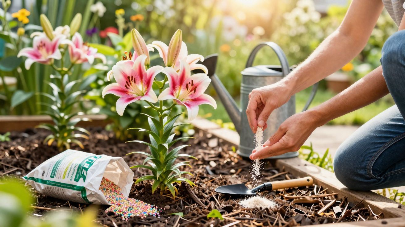 Pessoa a fertilizar flores rosas no jardim com regador e saco de fertilizante ao lado.