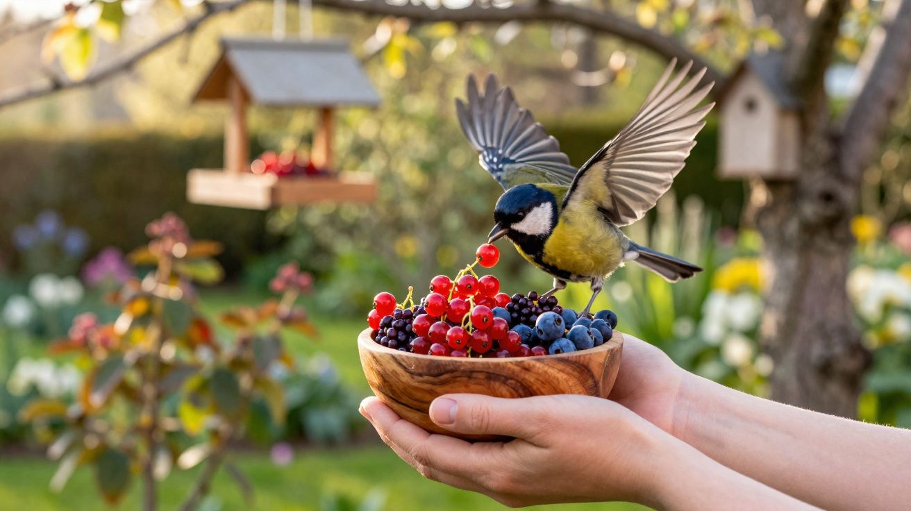 Mãos seguram taça de madeira com frutos vermelhos e azuis enquanto um pássaro pousa para comer.