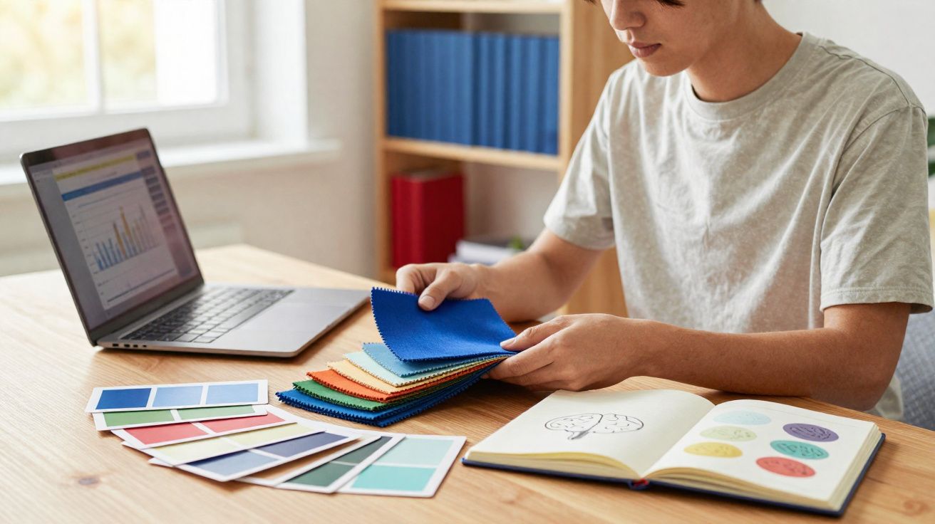 Pessoa a escolher amostras de tecido colorido numa mesa com computador portátil e caderno aberto.