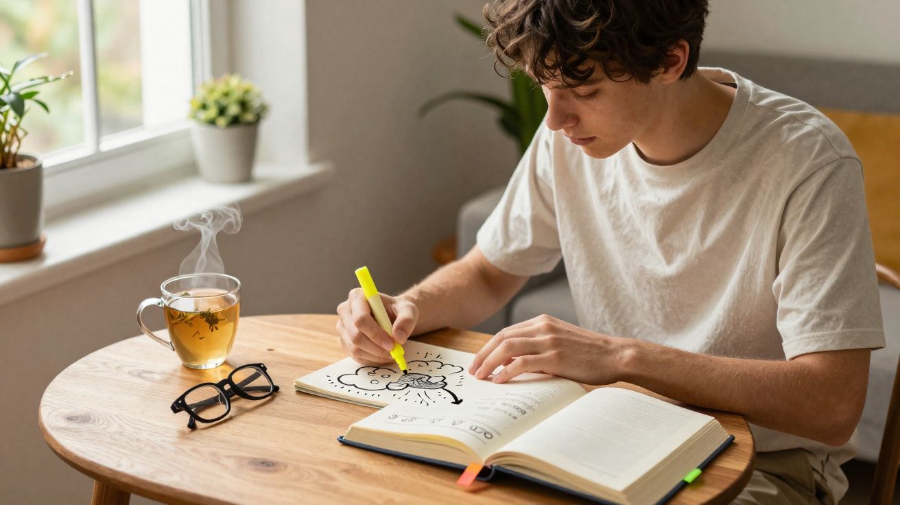 Jovem sentado a desenhar num caderno com marcador amarelo numa mesa de madeira junto a chá quente e óculos.