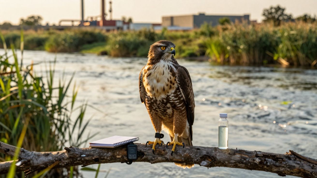 Falcão empoleirado num ramo junto a um rio, ao lado de caderno, smartwatch e frasco de vidro.