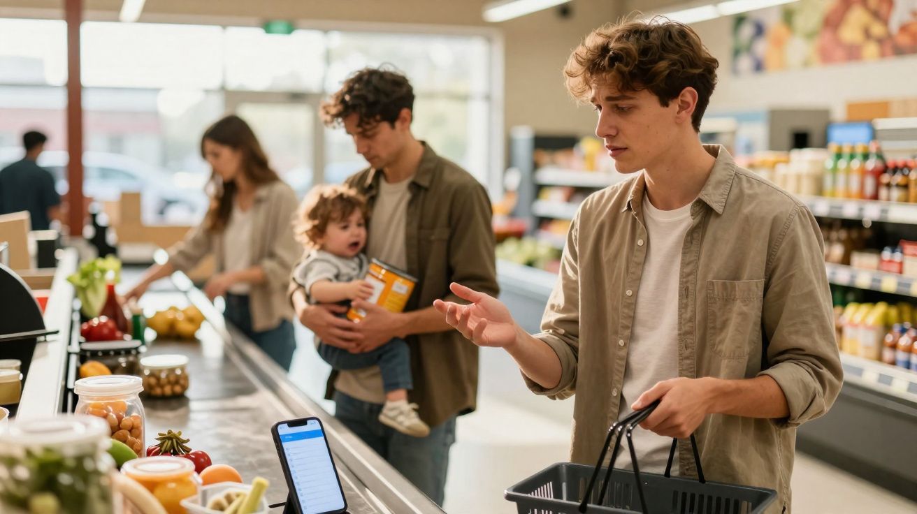 Jovem a fazer compras num supermercado, segurando um cesto, com outro homem e criança ao fundo.