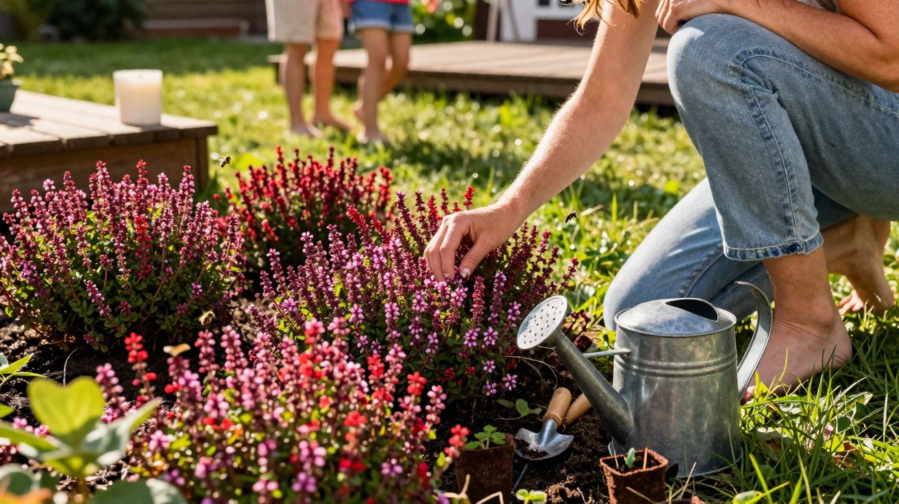 Pessoa a cuidar de flores lilases num jardim com regador metálico e crianças ao fundo.