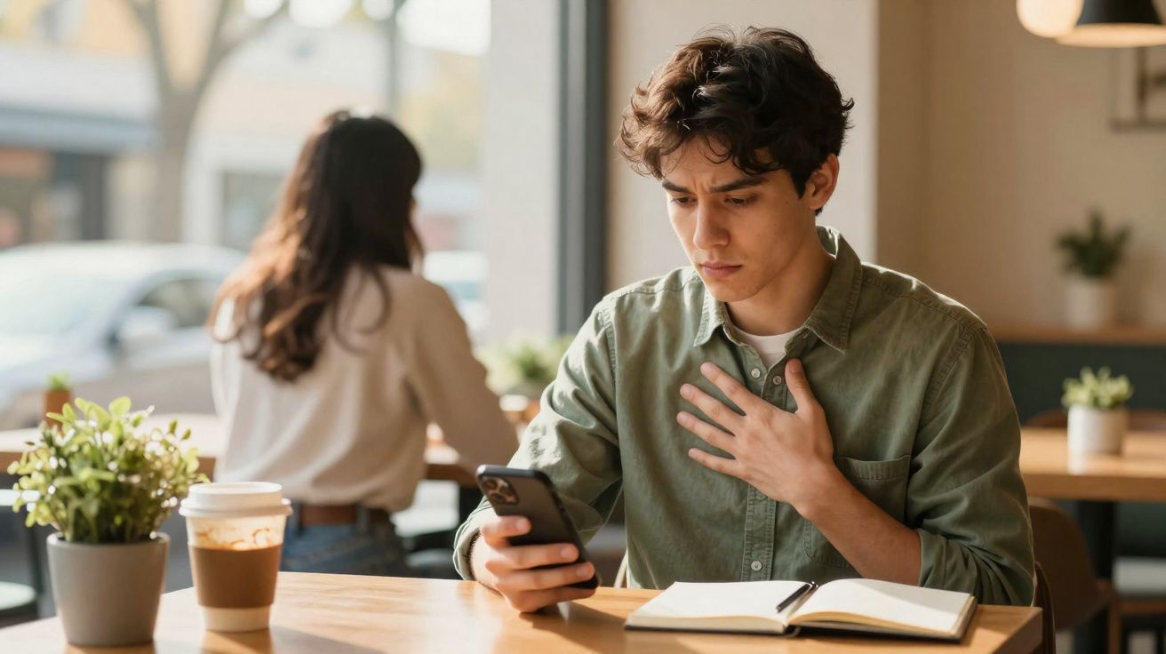 Homem preocupado a olhar para o telemóvel sentado numa mesa com caderno e café numa cafeteria.