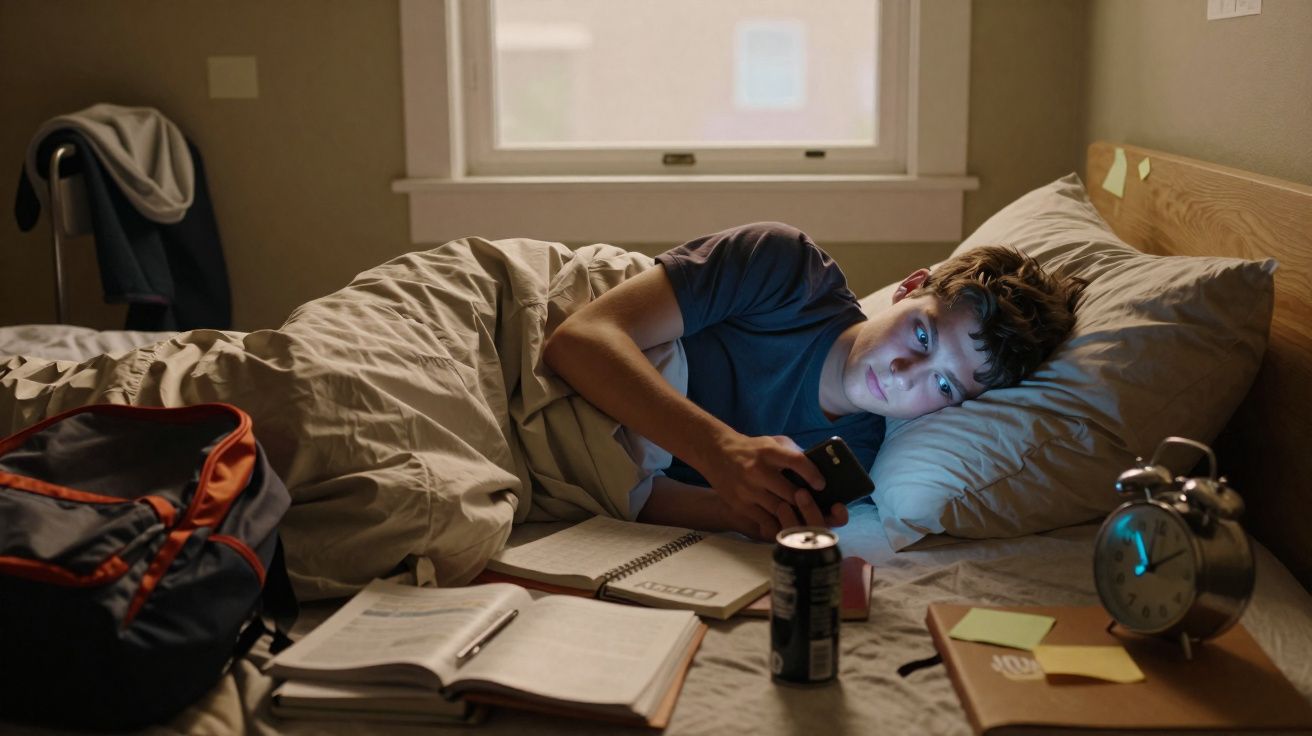 Jovem na cama de noite a olhar para o telemóvel, rodeado de livros, cadernos, mochila e um despertador.