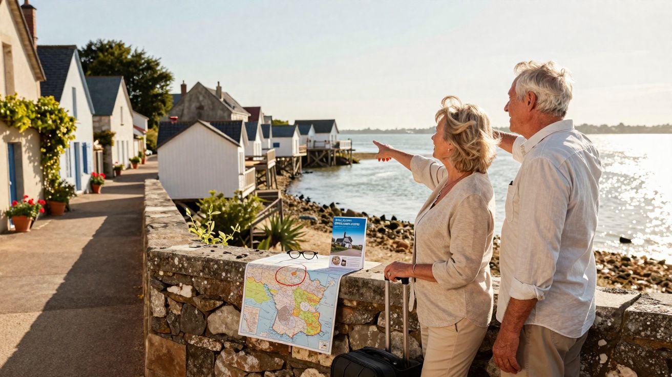 Casal sénior de férias junto a muro de pedra vê casas de madeira e mar ao pôr do sol.