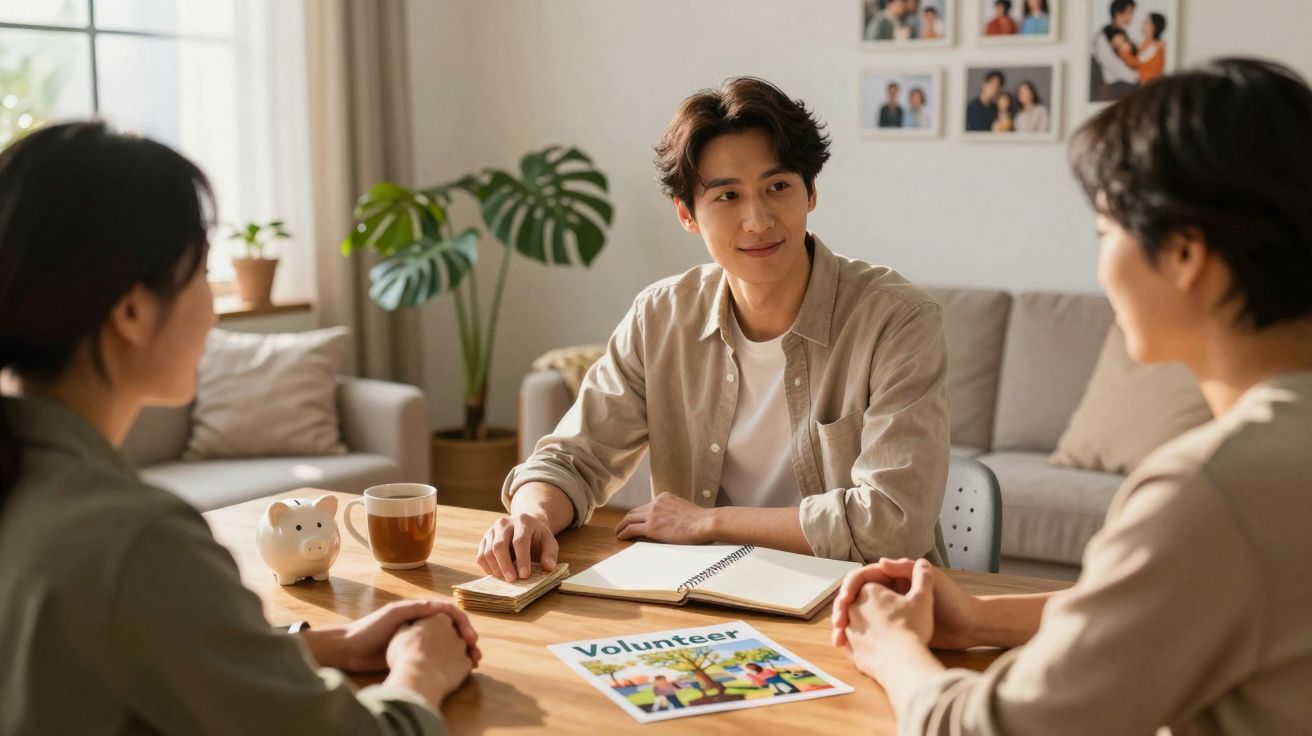 Três pessoas sentadas à mesa a conversar, com material de voluntariado e objeco de mealheiro à frente.