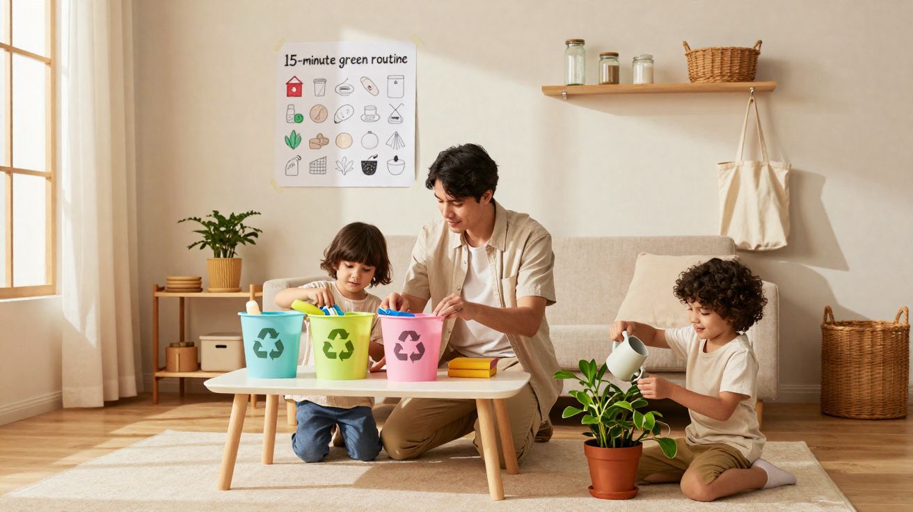 Pai e filhos a reciclar e regar planta numa sala iluminada e acolhedora com decoração simples.