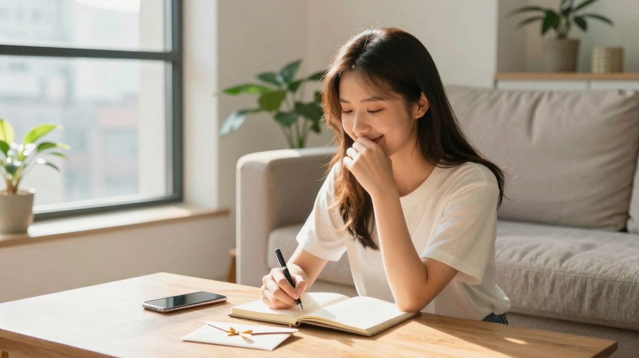 Mulher jovem sentada numa sala iluminada a escrever num caderno com um smartphone à sua frente na mesa.