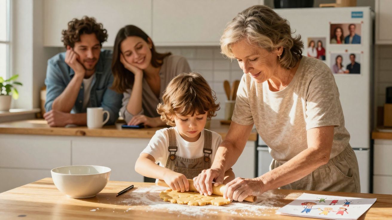 Avó e neto a preparar biscoitos na cozinha enquanto casal observa sorridente ao fundo.