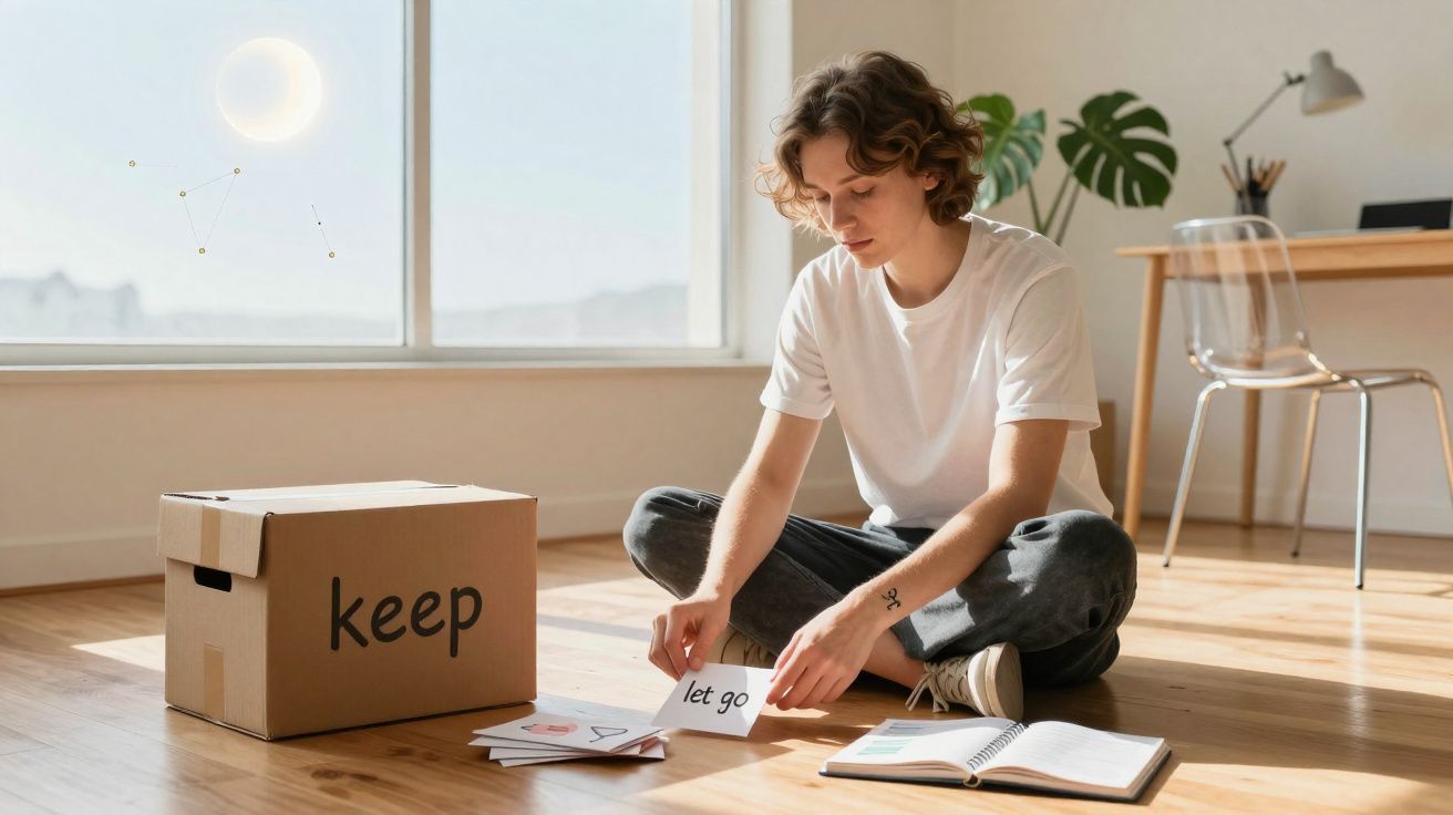 Pessoa sentada no chão junto a uma caixa com a palavra "keep", segurando um cartão com "let go" num ambiente iluminado.