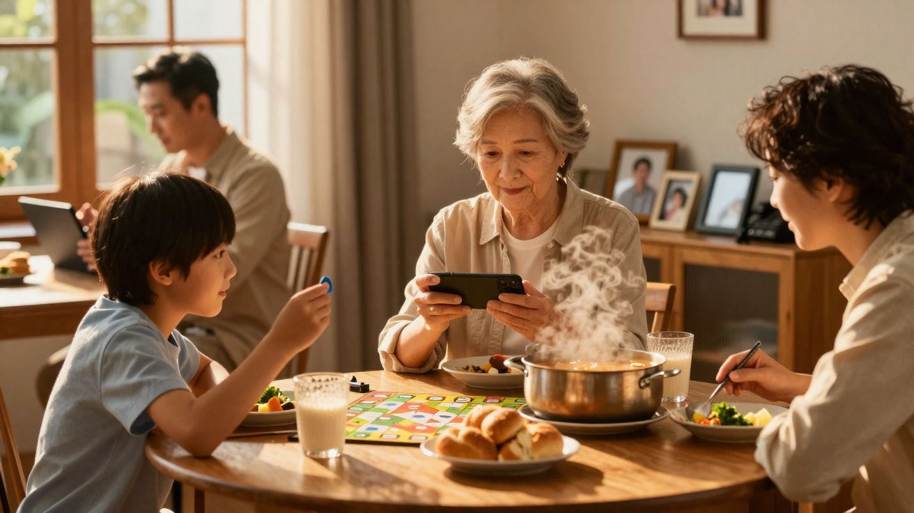 Família de três gerações sentada à mesa de jantar a jogar jogo de tabuleiro e a tirar fotos.