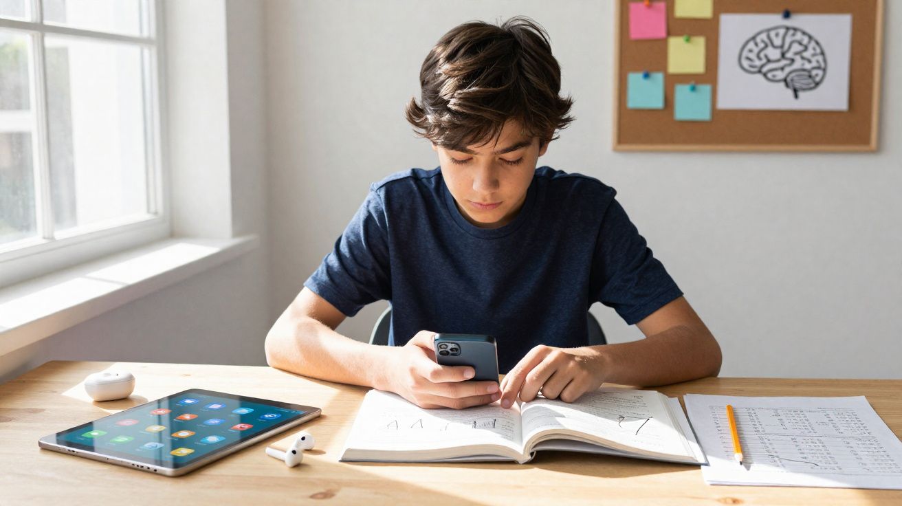 Garoto sentado à mesa a estudar com livro aberto, usando telemóvel, com tablet e papel com exercícios ao lado.