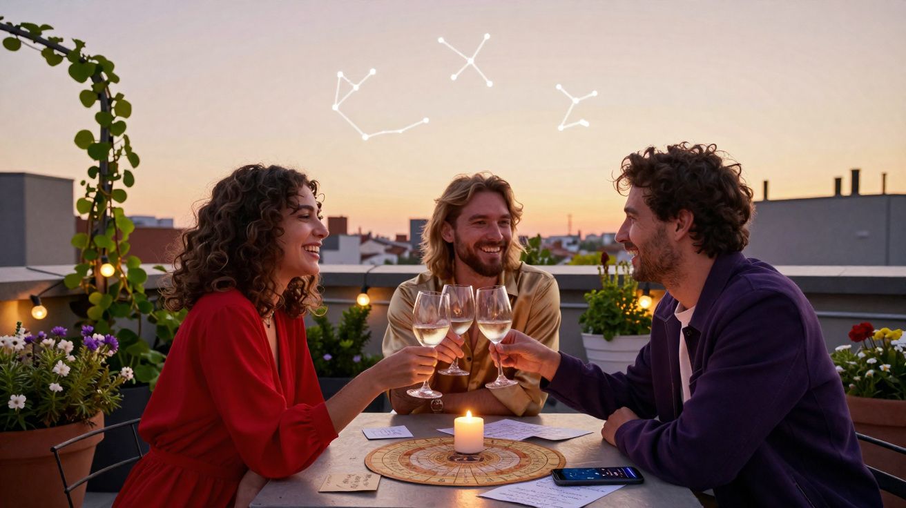 Três amigos brindam com copos de vinho branco ao entardecer num terraço decorado com plantas e velas.