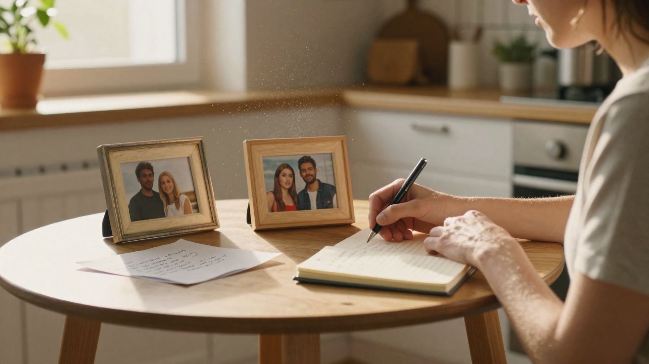 Pessoa a escrever num caderno numa mesa redonda com duas fotografias de casais e uma carta numa cozinha iluminada.