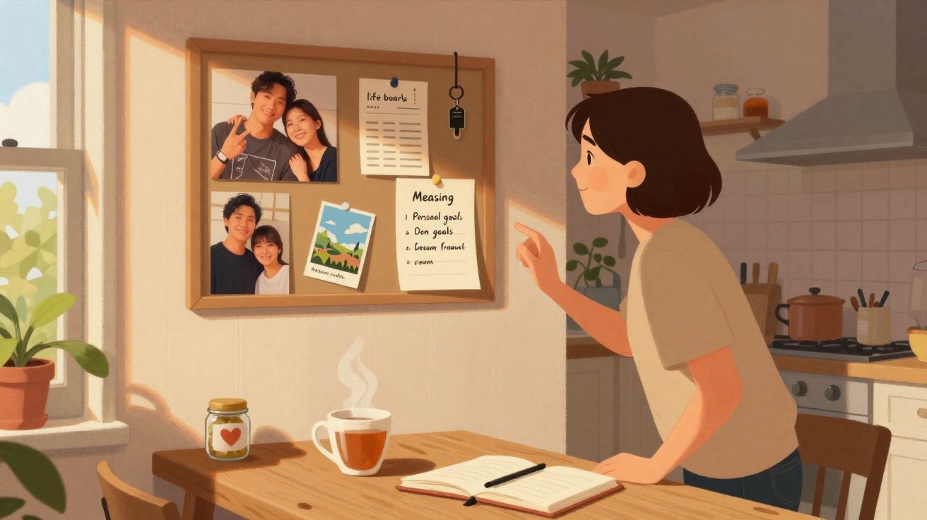 Mulher observa painel com fotos e lista de metas na cozinha iluminada pelo sol da manhã.