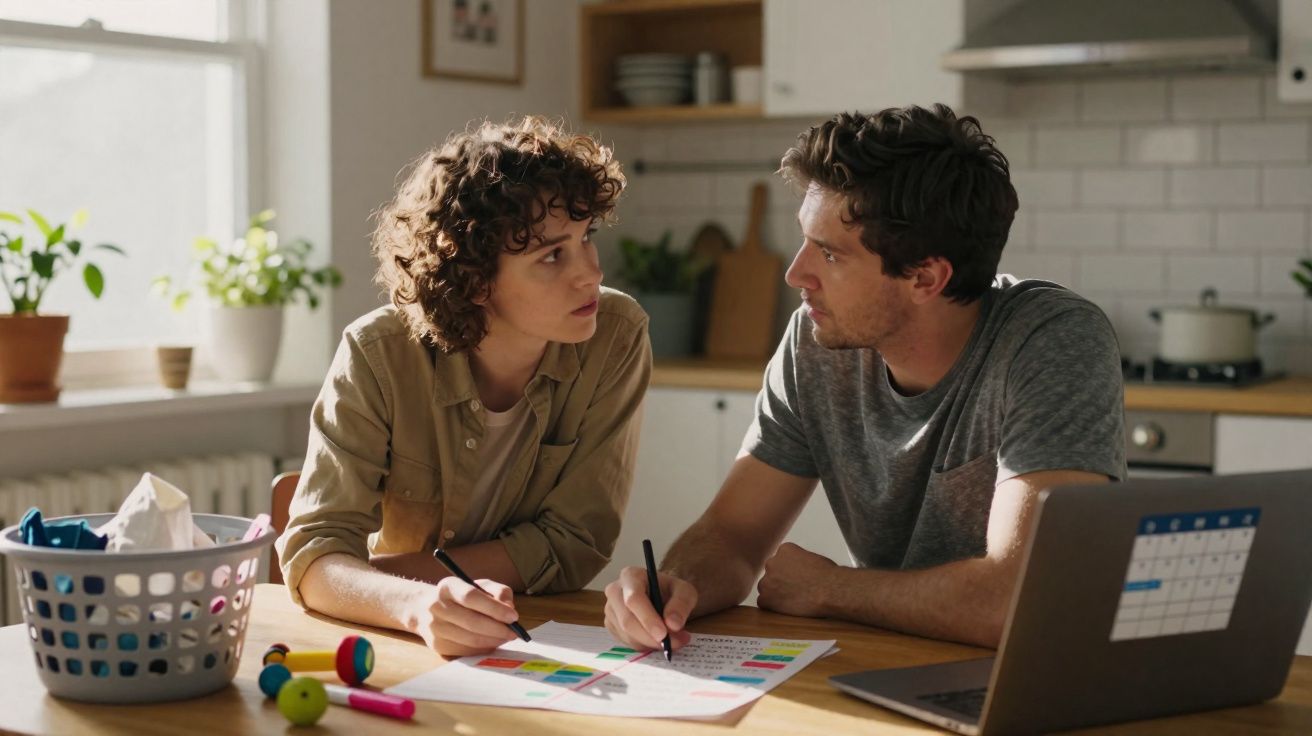 Casal jovem discute contas e planeia orçamento numa cozinha com laptop e documentos coloridos.