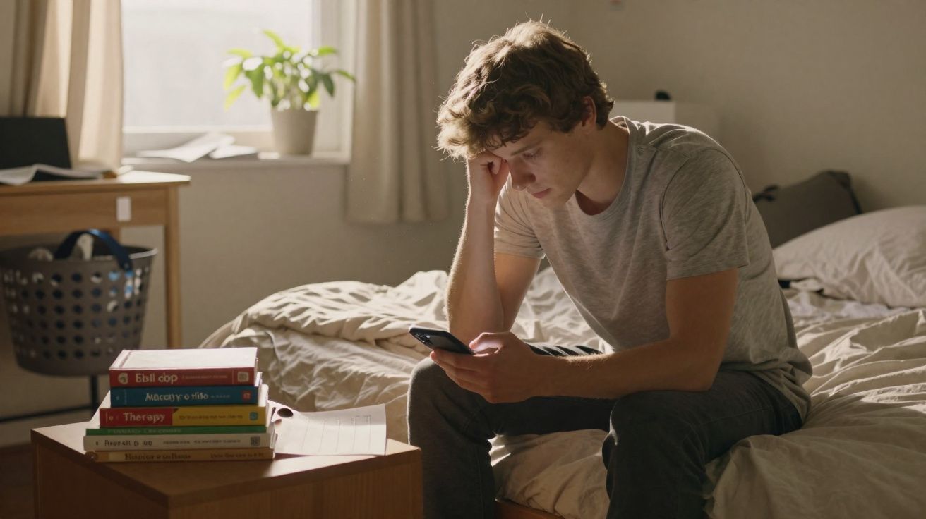 Jovem sentado na cama com expressão preocupada, olhando para o telemóvel, com livros numa mesa ao lado.