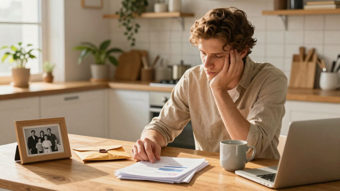 Homem preocupado lê documentos sentado à mesa da cozinha com café e portátil.