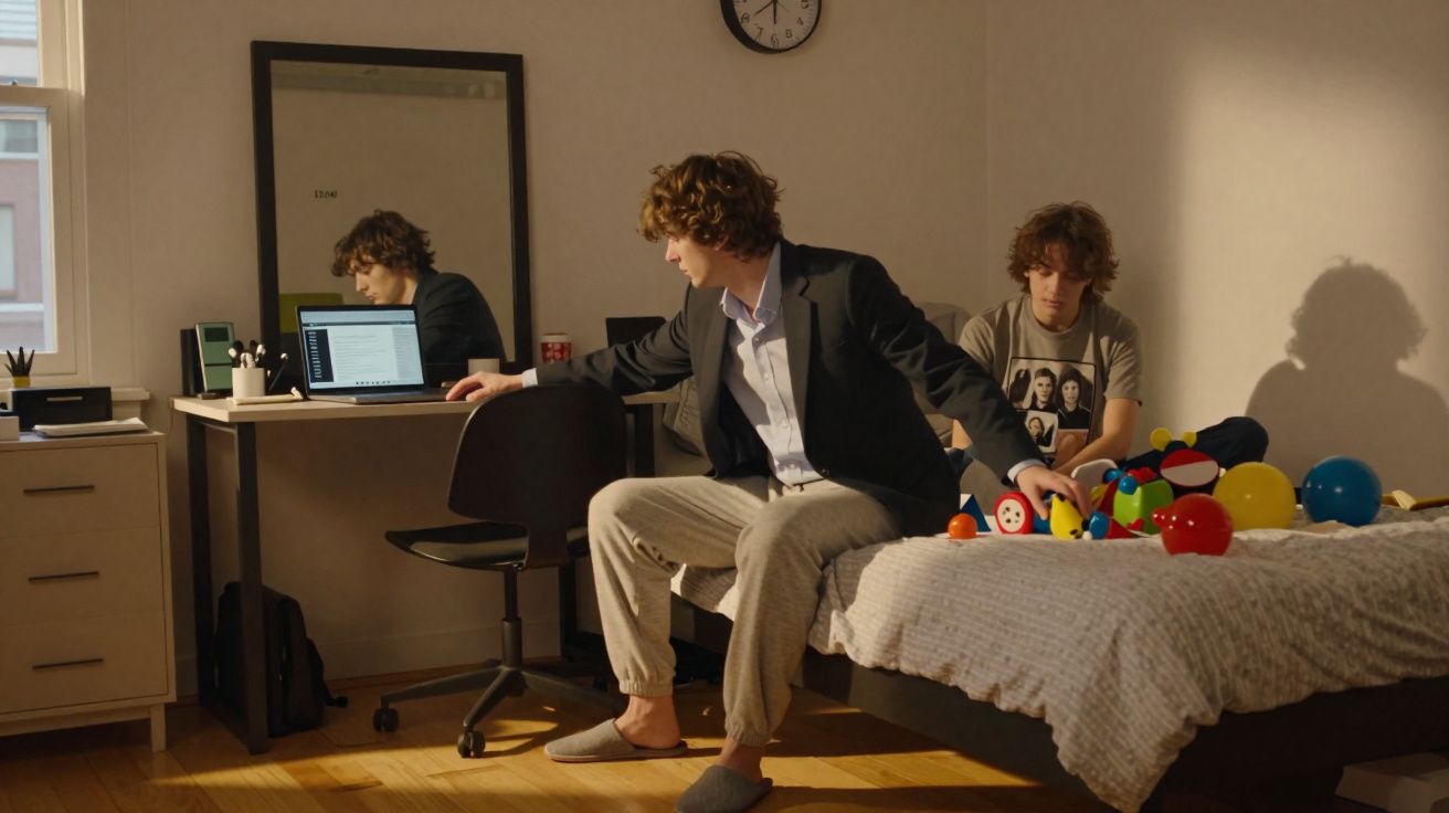 Dois homens jovens no quarto, um com fato sentado na cama a pegar brinquedos, outro com t-shirt sentado no chão junto à cama.