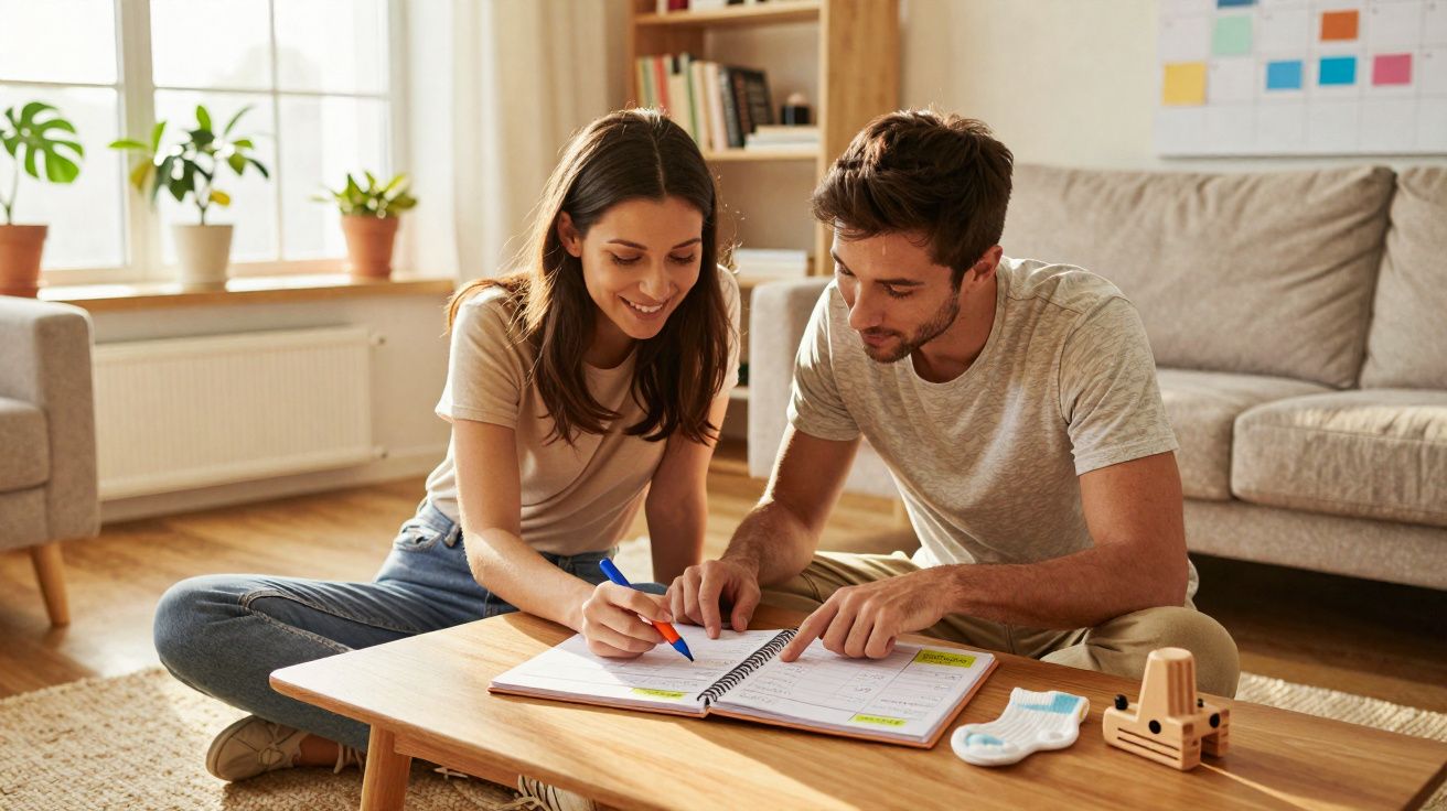 Casal sentado no chão a planear finanças em casa, felizes, com calendário e calculadora na mesa de madeira.