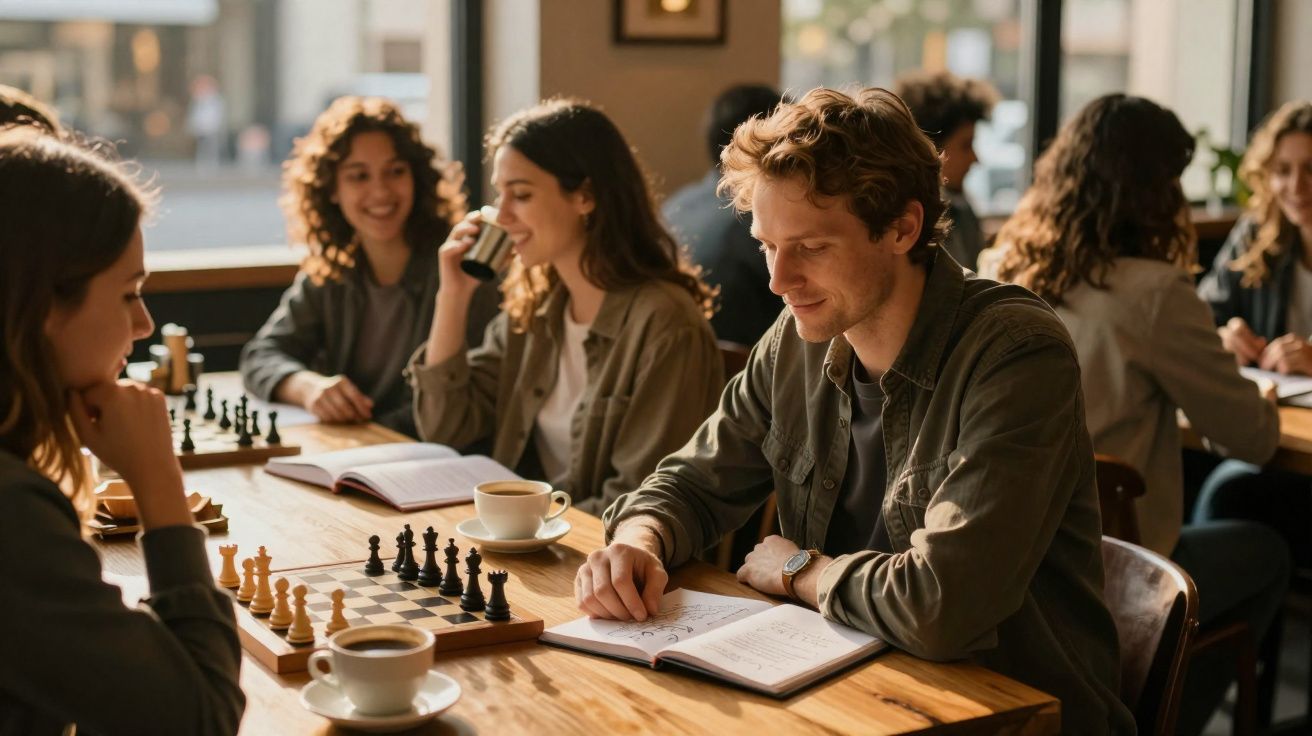 Jovens a jogar xadrez e a estudar num café, com café e livros sobre a mesa, ambiente descontraído e iluminado.