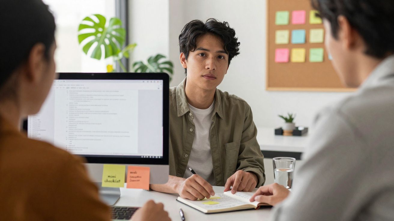 Jovem a fazer entrevista de trabalho, sentado à mesa com duas pessoas, computador e notas à sua frente.