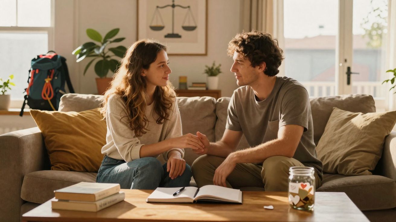 Casal sentado no sofá a olhar-se, com caderno aberto e jarro com corações sobre mesa de madeira.
