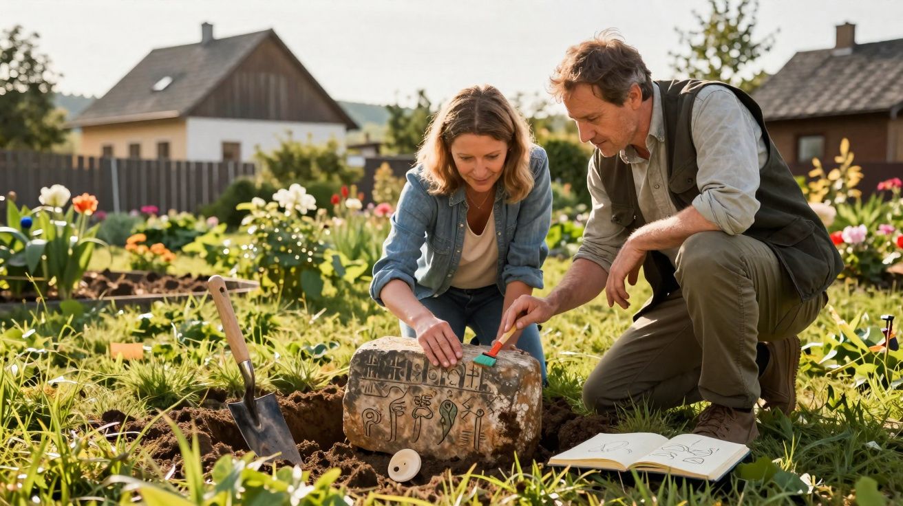 Duas pessoas limpam uma pedra arqueológica com inscrições num jardim florido, com casas ao fundo.