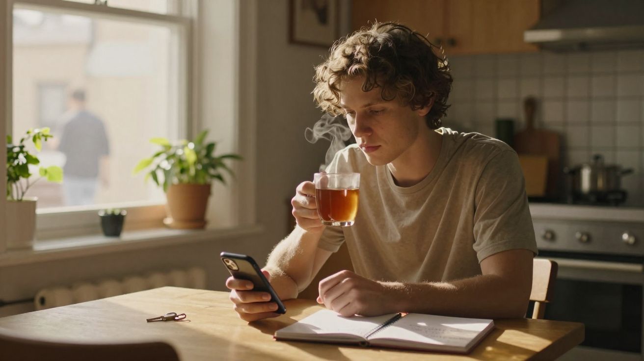 Jovem sentado à mesa a beber chá quente enquanto usa telemóvel numa cozinha iluminada pela luz natural.