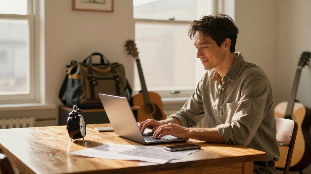 Homem a trabalhar num computador portátil numa mesa de madeira com guitarras e mala ao fundo.
