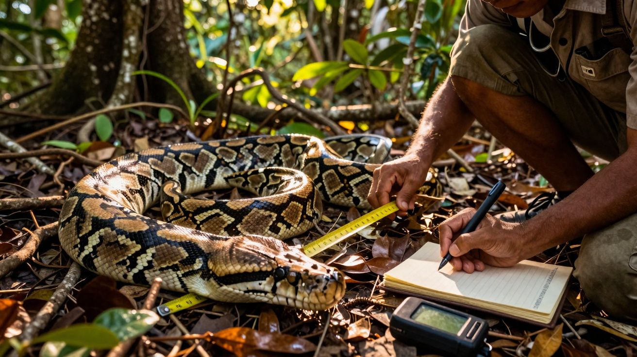 Investigador mede e regista dados de uma grande píton enrolada na floresta entre folhas secas.