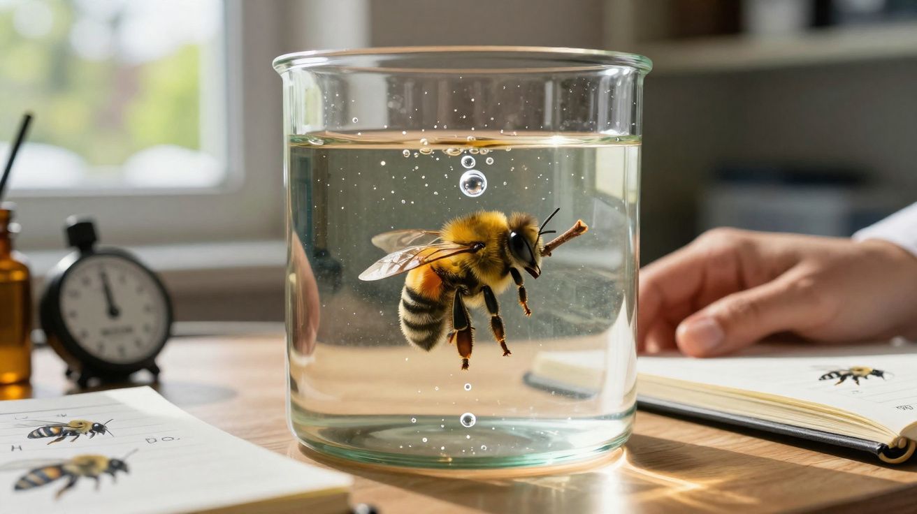 Abelha submersa em copo de vidro com água, sobre mesa com livros e cronómetro ao fundo.
