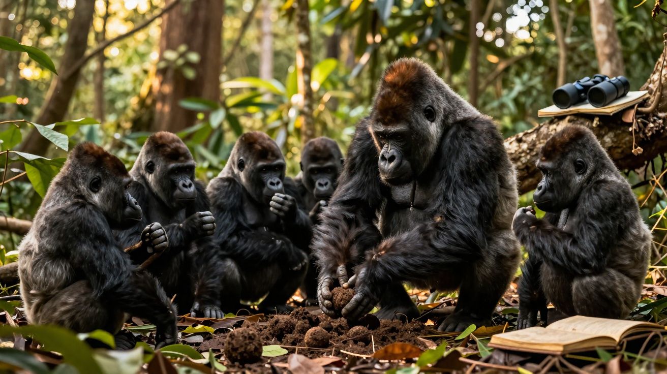 Grupo de gorilas sentados no chão da floresta, rodeados de folhas, um livro aberto e binóculos.