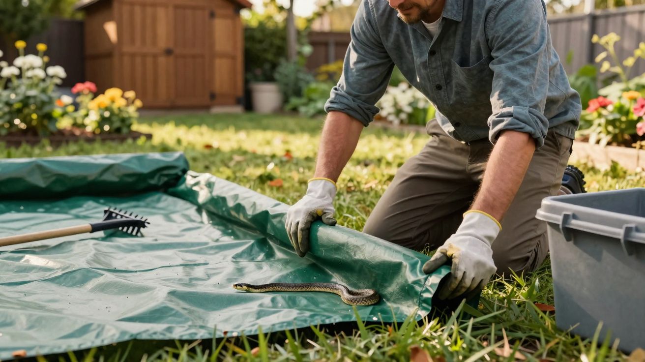 Homem retira serpente com luvas no jardim, usando lona verde para capturar o réptil.