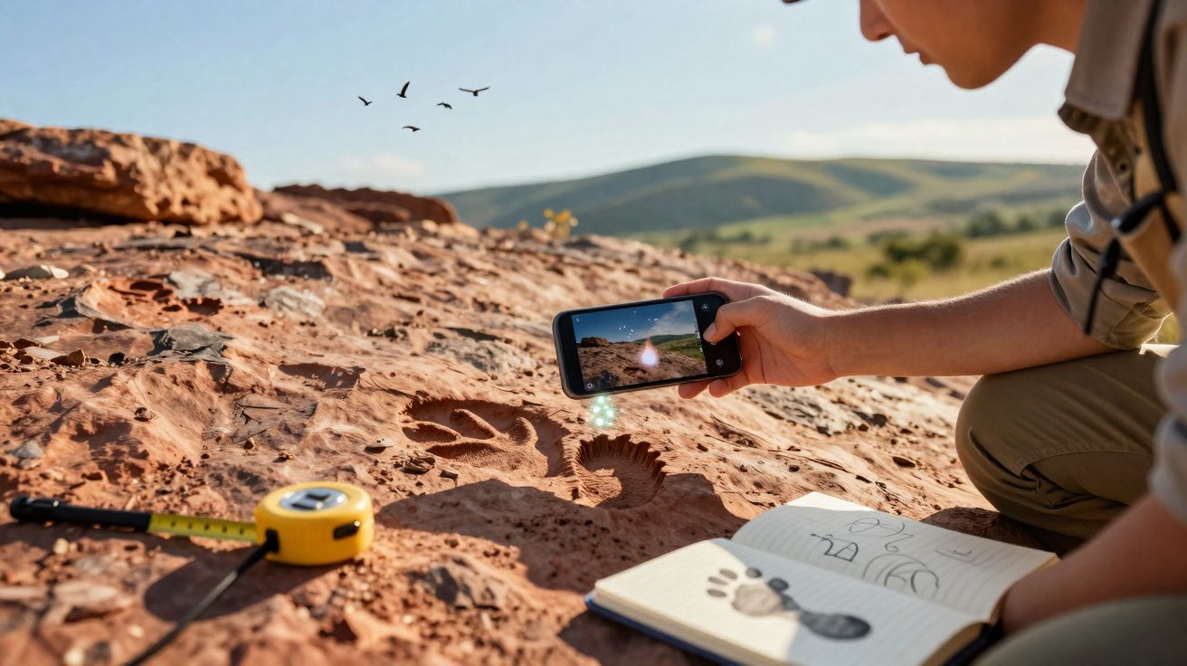 Pessoa a fotografar pegada fossilizada numa rocha com caderno de desenho e fita métrica ao lado.