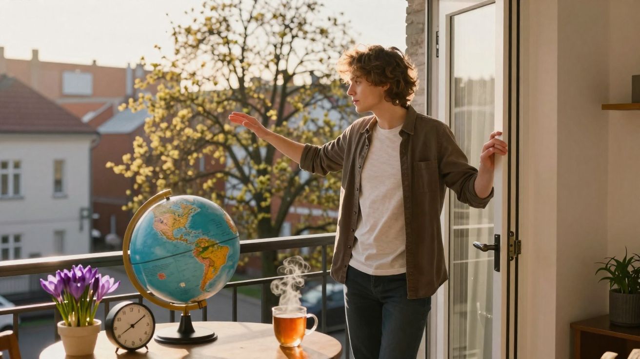 Jovem no terraço de manhã, com globo, relógio, flores e chá quente numa mesa.