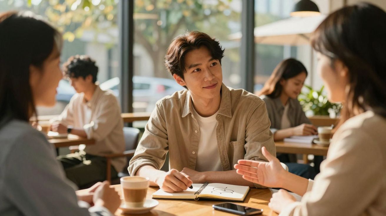 Jovens sentados numa cafetaria a conversar enquanto um deles desenha num caderno aberto à mesa.