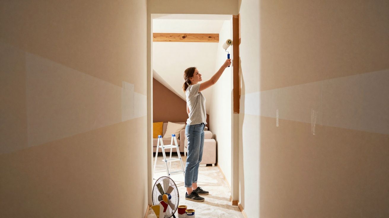 Mulher a pintar uma parede branca num corredor estreito, com rolo de pintura e tinta.