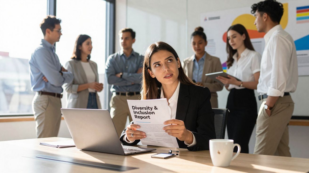 Mulher sentada a analisar relatório de diversidade e inclusão, enquanto seis colegas discutem ao fundo num escritório.