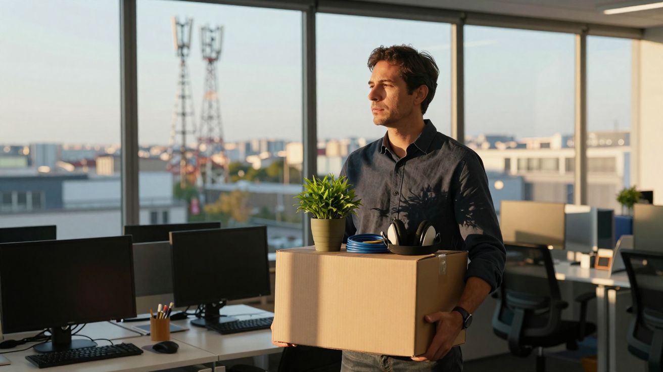 Homem segurando caixa com objetos pessoais, olhando pela janela num escritório vazio ao pôr do sol.