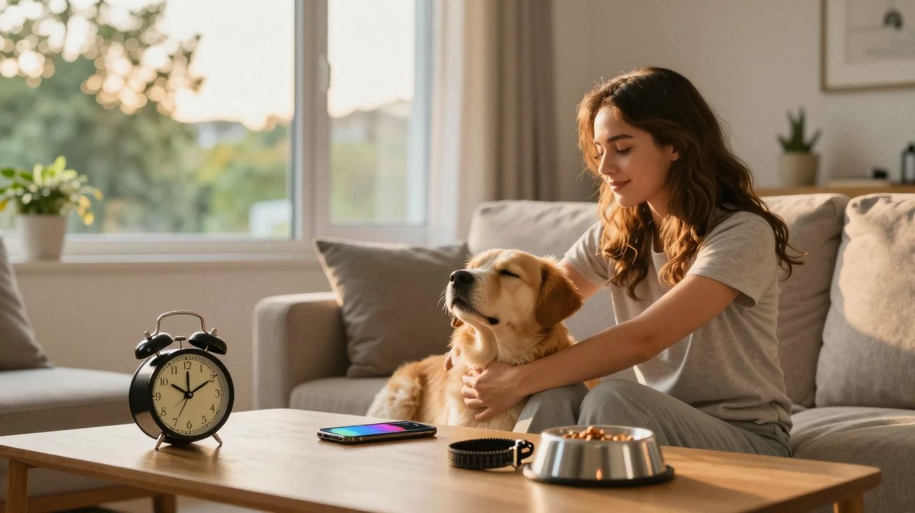 Jovem sentada no sofá a acariciar um cão dourado com tigela e despertador numa mesa à frente.