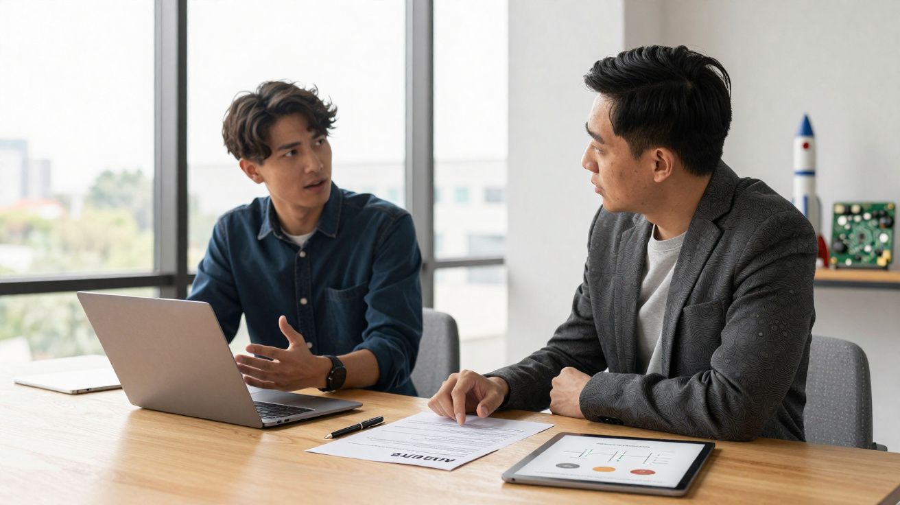 Duas pessoas numa reunião de trabalho, discutindo documentos e gráficos num escritório moderno.