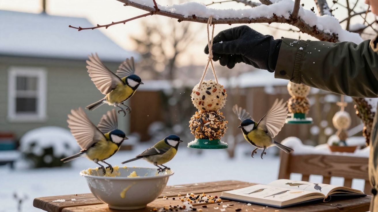 Pássaros a alimentarem-se de bolas de sementes num ramo coberto de neve com fundo de jardim nevado.